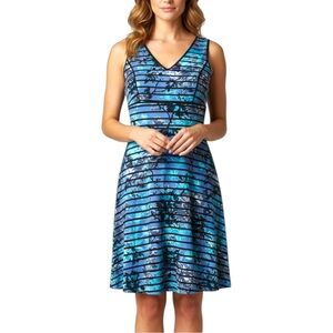 Ann Taylor LOFT Sz 6 Blue Black Floral Stripe Fit N Flare Party Dress